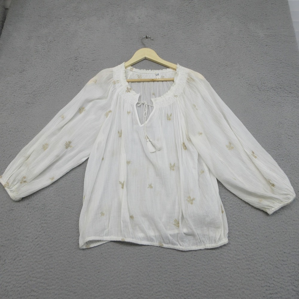 Gap Peasant Boho Shirt Women M White Gold Cotton Embroidered Tassel Cottagecore